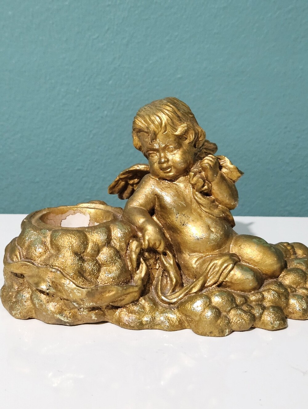 Abbott Collection Cherub Candle Holder Gold Tone Resin Figurine
